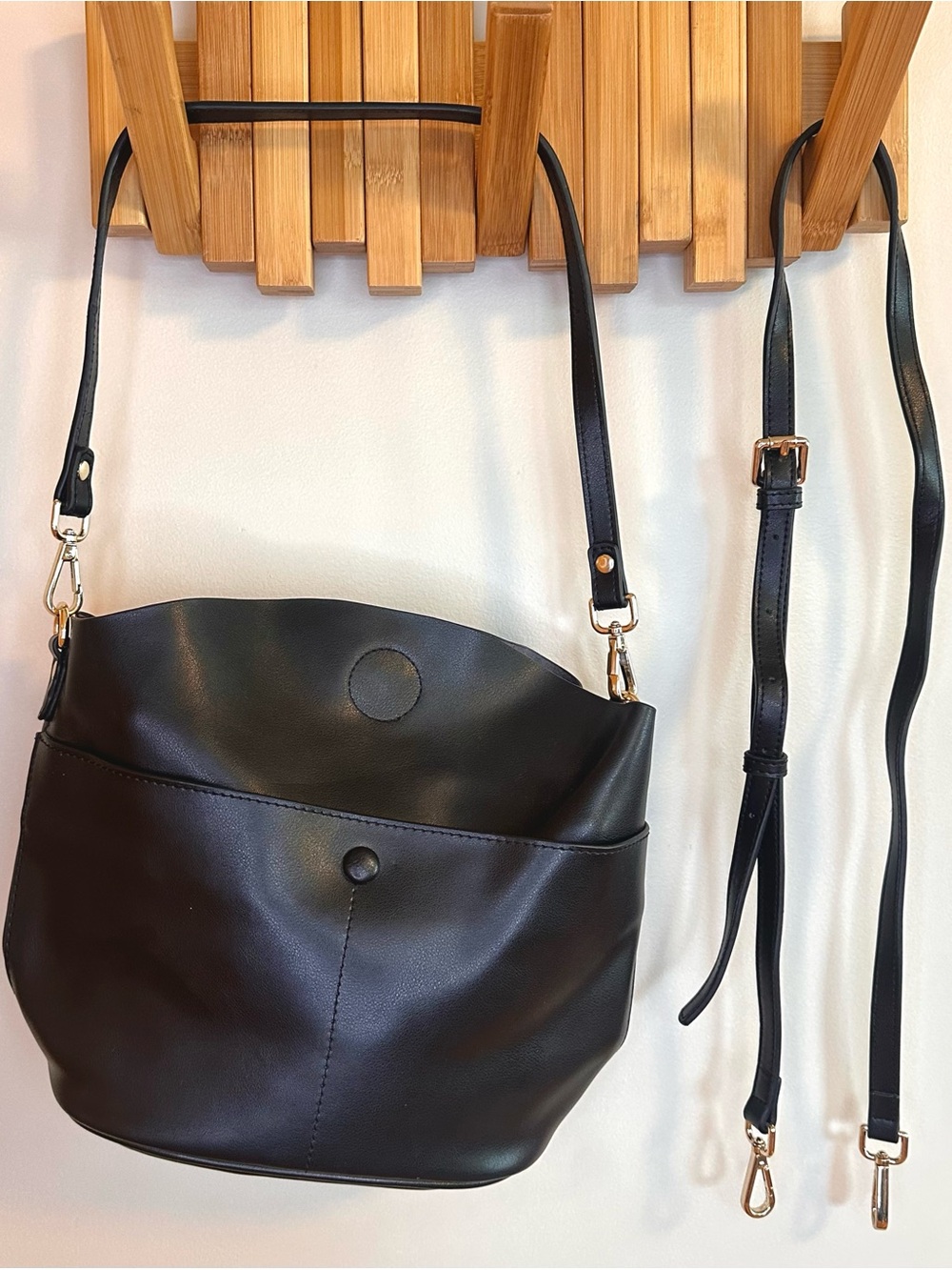 S-ZONE Black Cow Split Leather Crossbody Bucket Bag Shoulder Purse